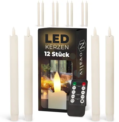 Produktbild von Stabkerzen LED mit Timer WEISS 12 Stück indoor - 6 Stunden - ECHTWACHS 23cm Höhe für Kerzen 2,2cm Durchmesser 2 AAA Batterien notwendig LED Stabkerzen 4er Set WEISS (drei Mal) bewegliche Flamme Licht