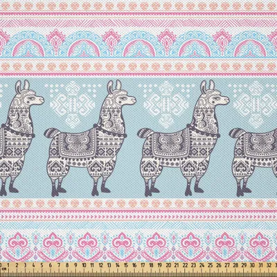 Obrázek produktu pro ABAKUHAUS Lama saténová látka prodávaná na metry, horizontální okraje se vzorem alpaky a etnickými folklórními kmenovými ornamenty, 2 m (148 x 200 cm), vícebarevná