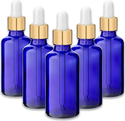 Produktbild von 5x Blaue Glasflasche 50 ml mit goldener Aluminium-Pipette 18/415 Set