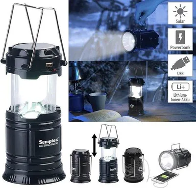 Immagine prodotto di Lampada da campeggio a LED da 80 lumen - maneggevole e alimentata a energia solare - ricarica USB