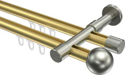 Produktbild von Interdeco Innenlaufstange / Gardinenstange mit Innenlauf Messing-Optik / Edelstahl-Optik, Typ Prestige Luino (Kugel), 20 mm Ø 2-läufig, 180 cm