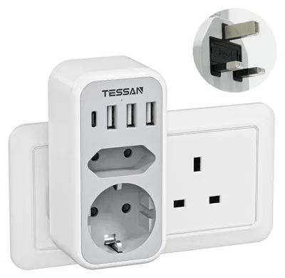 Produktbild von TESSAN UK Adapter England Deutschland Stecker, Steckdosenadapter Reisestecker Stromadapter für Irland mit 3 USB A und 1 USB C, Reiseadapter Typ G auf Großbritannien London Schottland Malta Dubai