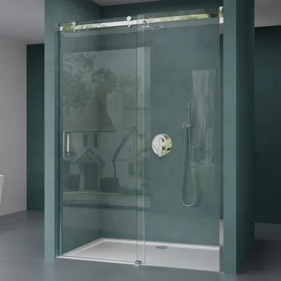 A modern bathroom with a glass shower enclosure.