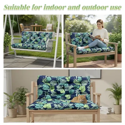Image de Coussin pour banc de jardin 120 x 100 x 10 cm, coussin d'assise d'extérieur pour banc de jardin (2 à 3 personnes), coussin rembourré pour balancelle, motifs de feuilles vertes