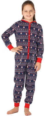 Image de Pyjama-combinaison à capuche pour fille Merry Style MS10-223 (bleu marine avec des rennes, 122-128)
