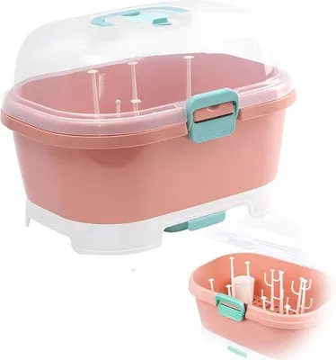 Produktbild von Famanu Babyflaschenhalter mit Staubschutz, 37,5 x 29,5 x 26 cm, Trockenständer, Aufbewahrungsbox für Babyflaschen (rosa)