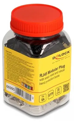 Produktbild von DeLOCK RJ45 Modularer Stecker mit Zugentlastung Cat.6A und robuster Knickschutztülle 25er Set, RJ45, Schwarz, Silber, Polycarbonat (PC), Cat6a, SF/UTP (S-FTP), 15 mm