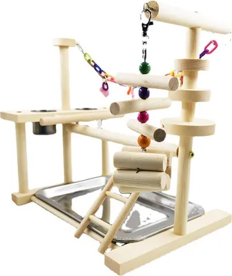 Produktbild von Vogel-Spielstand, interaktiver bunter Schaukelleiter, hölzerner Papageienspielplatz mit Futternapf für Nymphensittiche, Wellensittiche