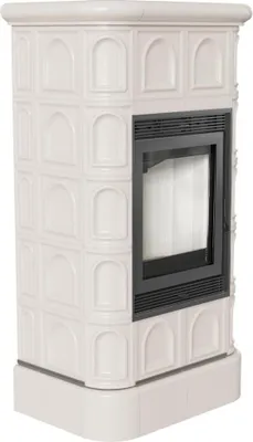 A white tiled wood-burning stove with a black glass door.