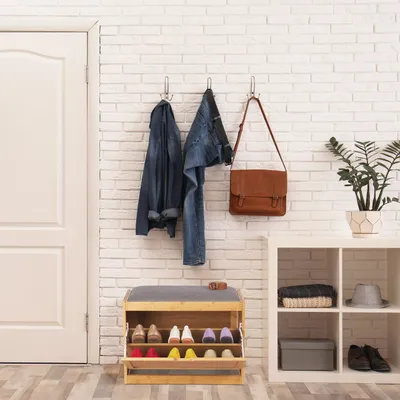 Produktbild von Relaxdays Schuhbank mit großer Sitzfläche, Schuhkipper für Diele u. Flur, 2 verstellbare Fächer, aus Bambus, natur/grau