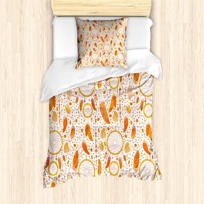 Produktbild von ABAKUHAUS Stammes Mantele, Traumfänger, Milbensicher Allergiker geeignet mit Kissenbezügen, 135 cm x 200 cm - 80 x 80 cm, Orange Weiss