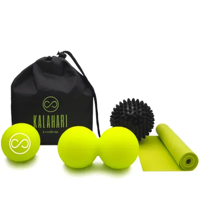 Produktbild von KALAHARI Massageball SET - Duoball, Igelball, Faszienball plus Fitnessband zur Selbstmassage und Faszientraining. Praktische Taschen und eBook Übungen