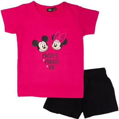 Produktbild von Disney Mickey & Minnie Mouse Schlafanzug für Mädchen - Kinder Pyjama Set Kurzarm Oberteil mit Hose Pink/Schwarz 122-128