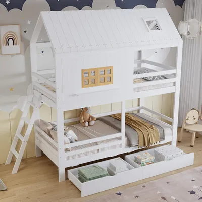 Immagine prodotto di Letto a castello Merax 90×200 cm con finestra e tetto, letto in legno con scala, letto per bambini con robusta rete a doghe e 2 cassetti, legno massiccio, bianco+naturale