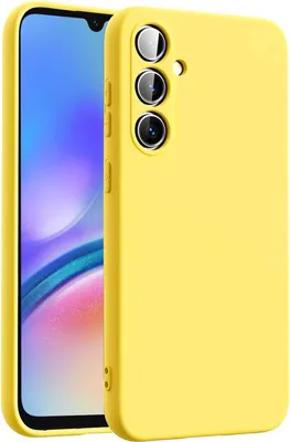 A yellow phone case is shown next to a smartphone.