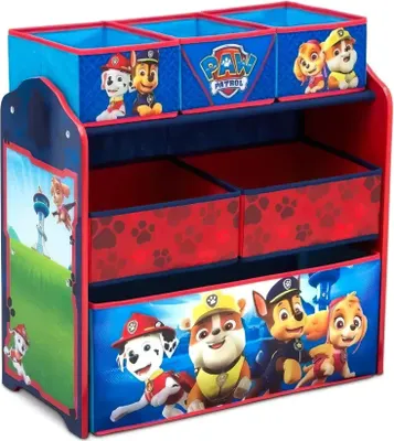 A Paw Patrol toy organizer with multiple compartments and shelves, featuring characters from the show.