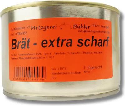 Produktbild von Brät Extra Scharf Dosenwurst Wurstkonserve | Metzgerei Bühler – 400g