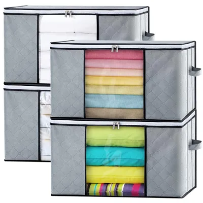 Produktbild von 4er-Set Aufbewahrungstaschen, 90 Liter, faltbare Aufbewahrungsbox mit Deckel, verstärktem Griff und Reißverschluss, Organizer zur Aufbewahrung von Kleidung, Bettdecken, Kissen und anderen Gegenständen, grau