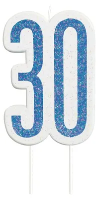 Produktbild von Geburtstagskerze Zahl 30 für Jubiläum in Blau und Silber mit Glitzer