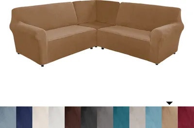 Produktbild von 3-teiliger Sofabezug aus Samt, L-förmiger Sofabezug für 7-Sitzer-Ecksofa, Elastischer Sofabezug für Wohnzimmer Khaki
