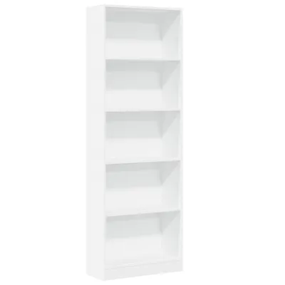 A tall, white, five-shelf bookcase is shown against a white background.