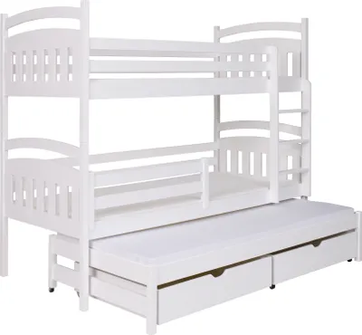 Produktbild von KEF Maja Etagenbett Kinder Etagenbett 3 Personen Holz Kinderbett Weiß mit Schubladen ohne Matratze 80x200 cm