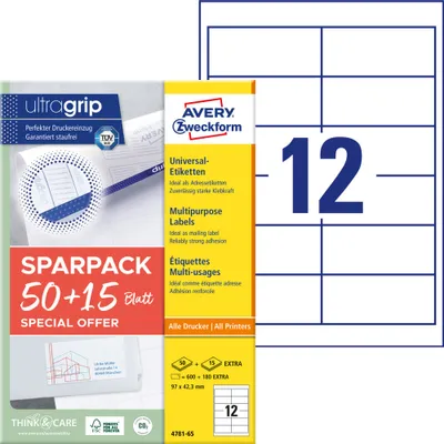 Produktbild von Avery Zweckform 4781-65 Universal-Etiketten, A4 mit ultragrip, Adressaufkleber, 97 x 42,3 mm, 780 Etiketten/65 Bogen, weiß