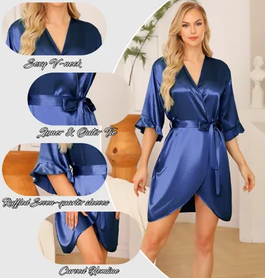 Obrázok produktu pre Krátky dámsky župan štýlu kimono, vyrobený zo saténovej látky, s 3/4 rukávmi, veľkosť L, tmavomodrej farby. Dámsky župan