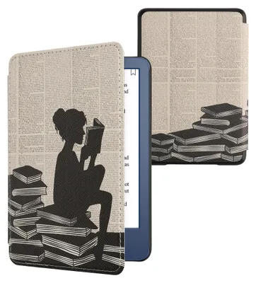 Produktbild von kwmobile Schutzhülle für Amazon Kindle (2022/2024) Hülle - eReader Flip Case mit Auto Sleep Funktion - Lesende Frau mit Schwarz Beige
