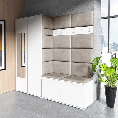 Produktbild von Garderoben-Set "CLEO", Moderner Kleiderschrank mit Polsterplatten und Schuhschrank – Ideal für Flur und Eingangsbereich (Weiß, Trinity 03)