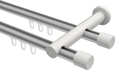 Produktbild von Interdeco Innenlaufstange / Gardinenstange mit Innenlauf Silbergrau / Weiß, Typ Platon Santo (Kappe), 20 mm Ø 2-läufig, 220 cm