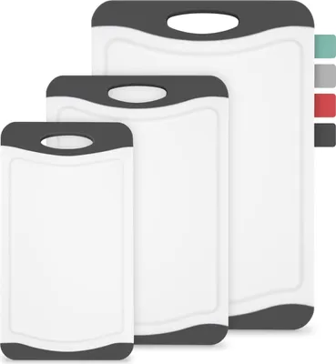 Immagine prodotto di Tomivo® Thingles® Set da 3 taglieri – plastica antibatterica, senza BPA, antiscivolo, con scanalatura per i liquidi e maniglia, lavabili in lavastoviglie, nero/bianco, utilizzabili su entrambi i lati