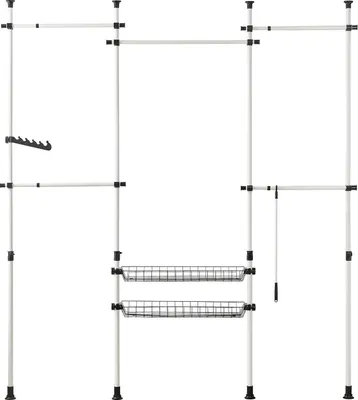 Image de KLS04 Système de penderie télescopique, système de rangement de vêtements réglable avec 5 tringles et 2 paniers, blanc