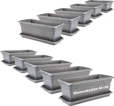Produktbild von Blumenkasten Set anthrazit 40cm mit Untersetzer, wetterfest, 10 Stück