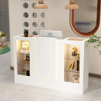 Produktbild von Empfangstheke mit LED-Beleuchtung und Glasvitrine, mit Tastaturschublade, Rezeptionstresen, Verkaufstheke, Weiß, MDF+Glas, 150 x 52 x 100 cm