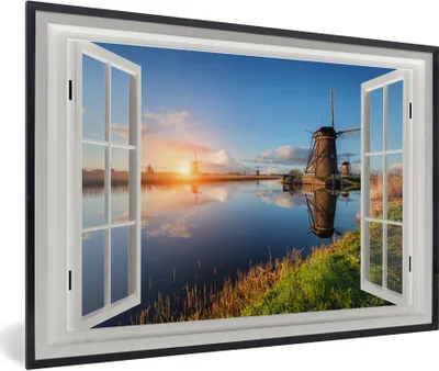 Produktbild von MuchoWow® MuchoWow® Gerahmtes Poster Aussicht - Wasser - Mühle 90x60 cm - Poster mit zchwarzem Bilderrahmen - Fotorahmen - Foto-Plakat
