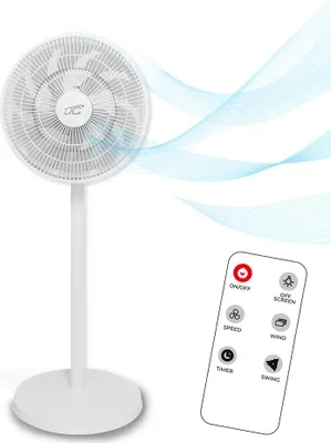 A white stand fan with blue wavy lines indicating airflow, and a remote control with buttons.