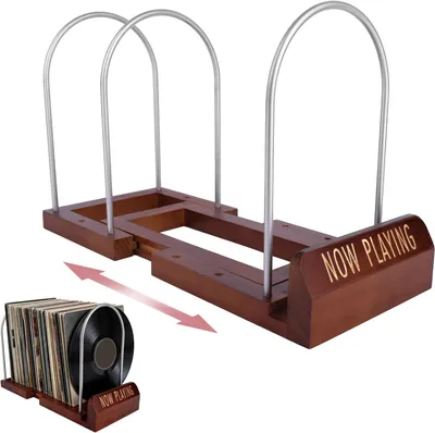 Imagen del producto de Soporte de madera para discos de vinilo, ajustable para 30-70 discos, de 29,7 x 15,1 x 23,5-43,7 cm, ideal para el almacenamiento de música