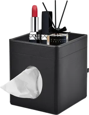 Produktbild von Quadratische Leder-Taschentuchbox mit Ablagefach und Magnetverschluss – schwarz, für Büro, Zuhause, Auto