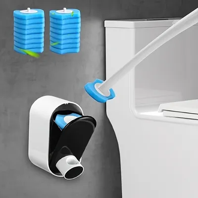 Produktbild von Toilettenbürste, Toilettenreinigungsset mit 16 Ersatzköpfen, verbesserte wandmontierte Toilettenbürste mit Ständer, Einweg-Toilettenbürstenset