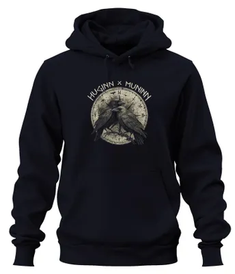 Obrázok produktu pre Huginn Muninn Viking Raven Odin Vegvisir Runes Gothic Nordic Uni mikina s kapucňou, Navy, L