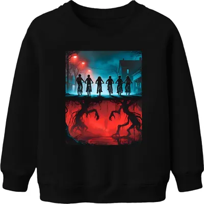 Produktbild von Upside Down Kinder Fahrräder Horror 80er Retro Mystery Hawkins Uni Kinder Sweatshirt Pullover, Schwarz, 152