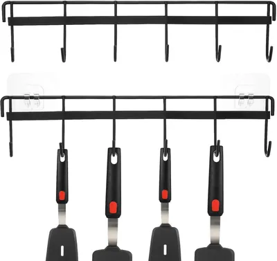 Produktbild von 2 Küchenutensilienhalter aus Eisen mit Hakenleiste zur schwarzen Wandmontage ohne Bohren, platzsparend für Küchen- und Kochutensilien