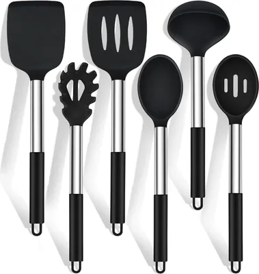 Produktbild von Küchenhelfer Set, HaWare 6 Stück Silikon Küchenutensilien Kochlöffel Set mit Edelstahlgriff, Antihaft Hitzebeständiger Kochutensilien Kochbesteck Set, Leicht zu Reinigen & Spülmaschinenfest - Schwarz