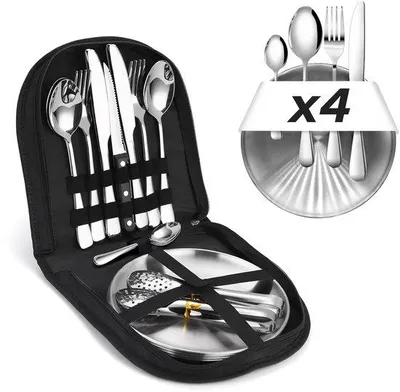 Produktbild von Unyqoos® 23‑teiliges Camping-Geschirr- und Besteckset für 4 Personen – Edelstahl, spülmaschinenfest, mit wasserfester Tragetasche, inkl. Grillzangen & Steakmesser