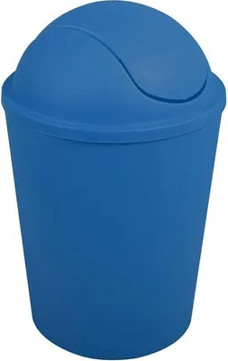 A blue trash can with a swing lid.