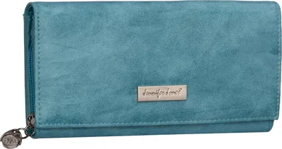 A close-up studio shot of a turquoise wallet.