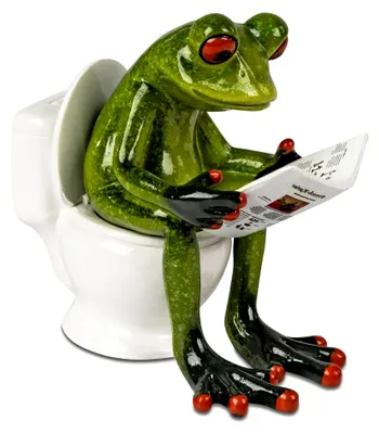 Produktbild von Frosch auf Toilette mit Zeitung Figur 11cm handbemalt lustige Kunststein Deko – witzige Geschenkidee und originelle Indoor-Dekoration für Bad, Regal, Büro