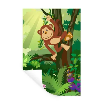 Produktbild von MuchoWow® Wandtattoo Wandsticker Wandaufkleber Affe - Dschungel - Jungen - Mädchen - Blumen - Kinder 60x90 cm Selbstklebend und Repositionierbar - Sticker - Dekorfolie