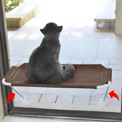 Produktbild von Sicheres Eisenfensterbankkissen für Katzen - 360° Sonnenbaden - Katzenhängematte/Fenstersitz (L braun)